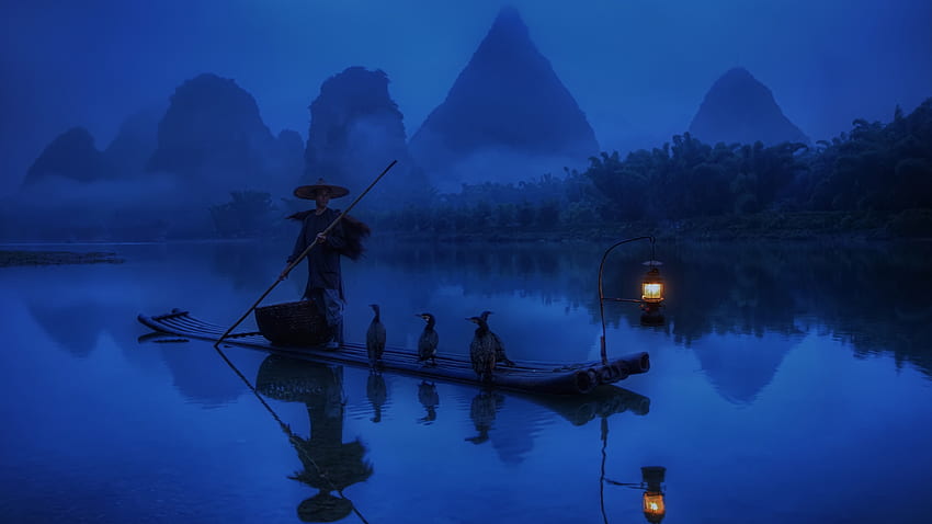 Pescador chino en el barco, barco chino fondo de pantalla
