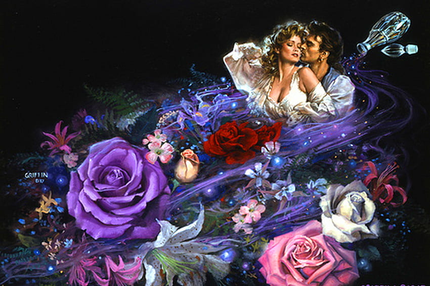 For Sandi - Love is in bloom, purple, pink, white, roses, love, couple, colors, flowers HD wallpaper