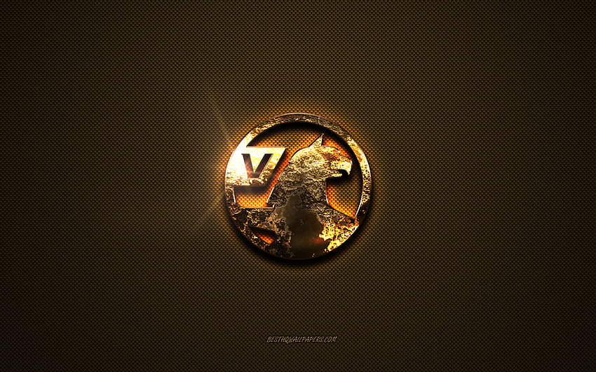 Złote logo Vauxhall, grafika, brązowe metalowe tło, emblemat Vauxhall, logo Vauxhall, marki, Vauxhall Tapeta HD
