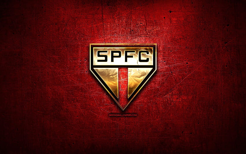 Sao Paulo FC, złote logo, brazylijska Seria A, czerwone metalowe tło, piłka nożna, brazylijski klub piłkarski, logo Sao Paulo, piłka nożna, SPFC, Brazylia z rozdzielczością. Wysoka jakość Tapeta HD