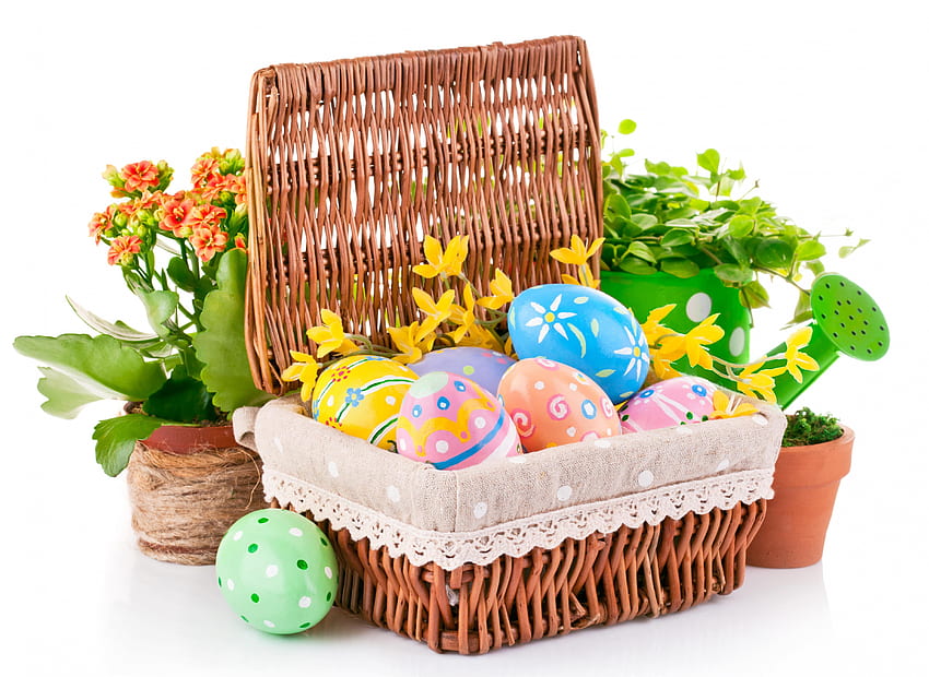 イースターエッグ、卵、休日、ハッピー イースター、色、卵、バスケット、花、イースター 高画質の壁紙