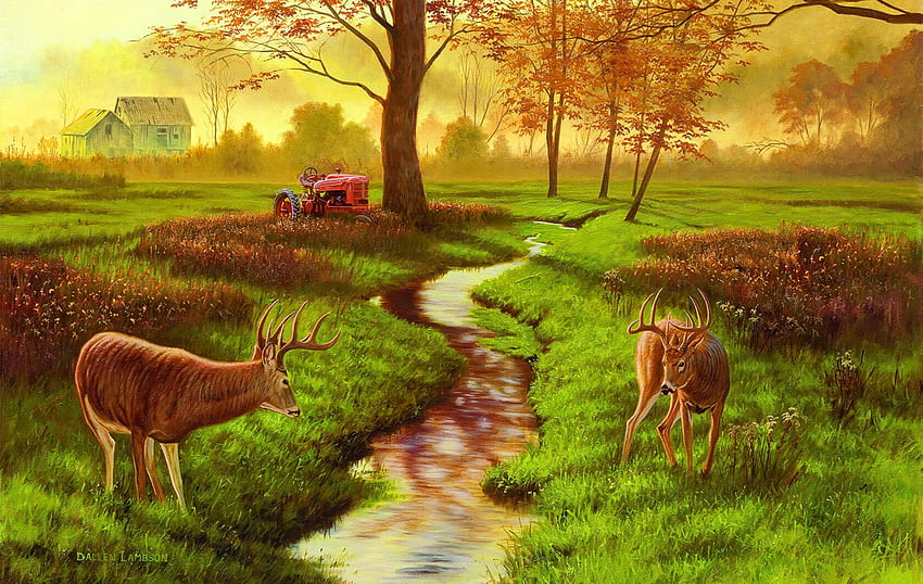 The great rivalry, trees, creek, nature, deer, painting HD wallpaper