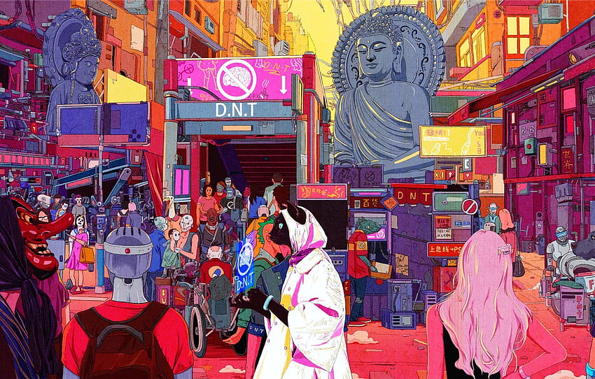 Dog, The city, Cat, Neon, Robots, People, Style, City, Fantasy, Dog, Art, Art, Robots, Buddha, Style, Fiction for , section арт, Neon Buddha HD wallpaper