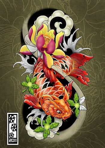 Koi Fish Lotus Flowers Waves Clouds Lineart Outline Tattoo - Etsy