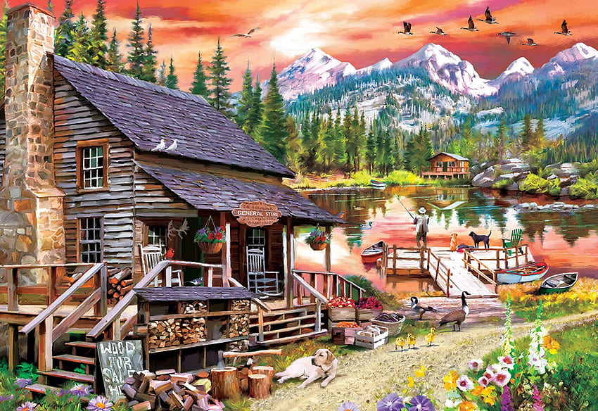 Grandpa's Getaway, flores, montanhas, cabana, lago, cachorro, pesca, obras de arte, pintura, barcos papel de parede HD