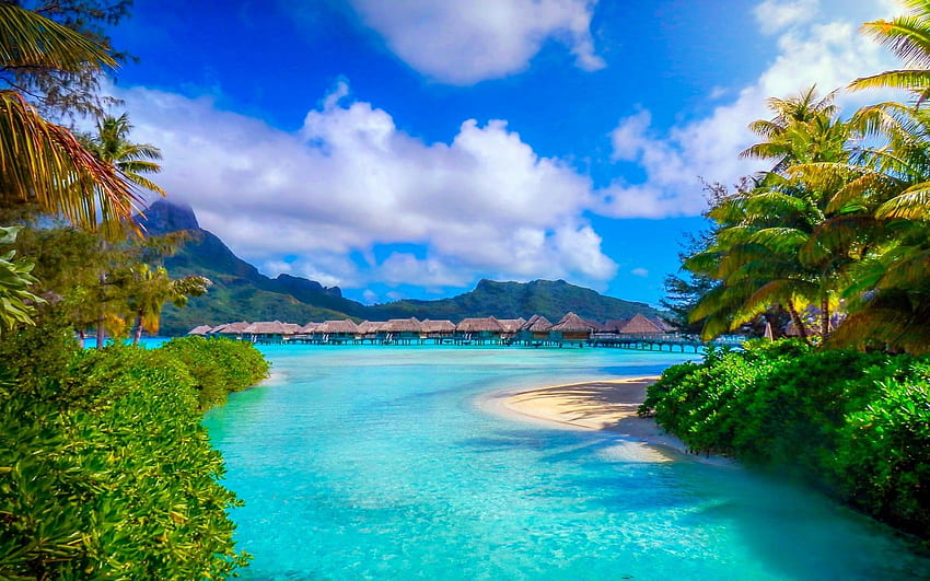 Tropical Island Bora Bora Pearl Beach Ocean Water Bungalows Fond d'écran HD