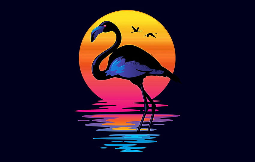 bird, flamingo, greater flamingo, water, water bird , illustration, beak, art, graphic design, heron, Neon Bird Art HD wallpaper