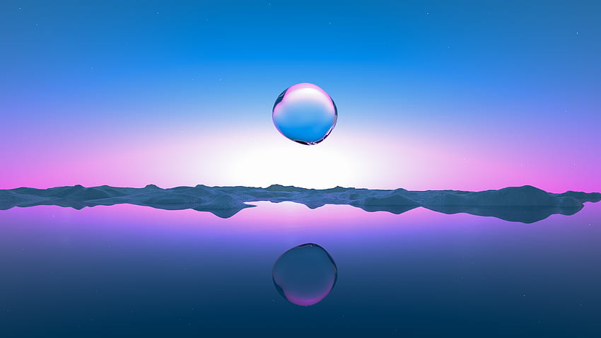 Droplet, sunrise, lake, pink-blue clear sky, artwork HD wallpaper