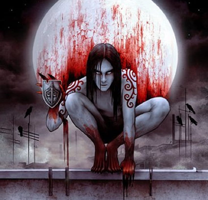 Night of the Blood Moon, ledge, moon, fantasy, blood, ravens HD wallpaper