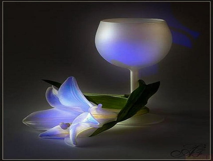 Lily glow, blue, leaves, glow, glass, lily HD wallpaper