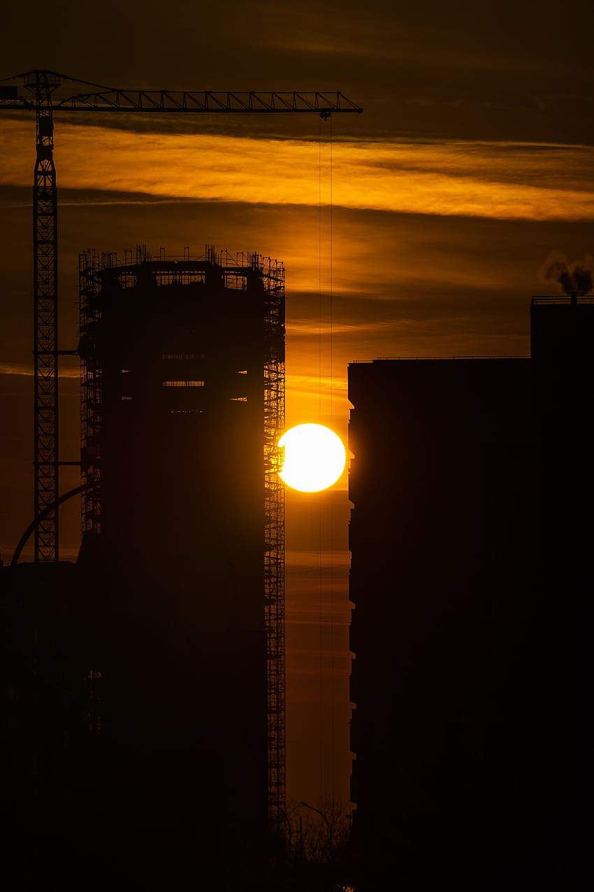 Sunset, Sun, Building, Dark, Outlines, Construction, Crane, Tap HD phone wallpaper