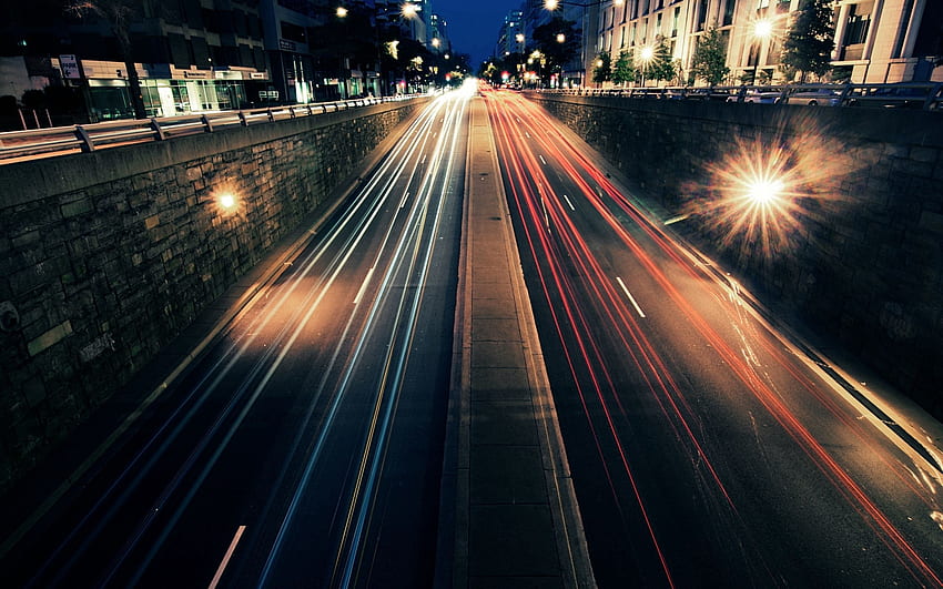 เมือง รถยนต์ ถนน กลางคืน เมือง แสงไฟ ถนน การเคลื่อนไหว การจราจร ความเร็ว วอลล์เปเปอร์ HD