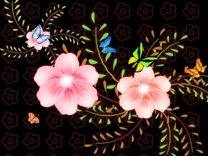 抽象、ピンク、花、黒、蝶 高画質の壁紙