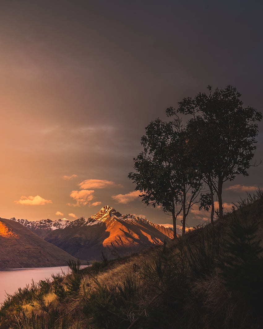 Alam, Matahari Terbenam, Rumput, Pegunungan, Danau, Selandia Baru wallpaper ponsel HD