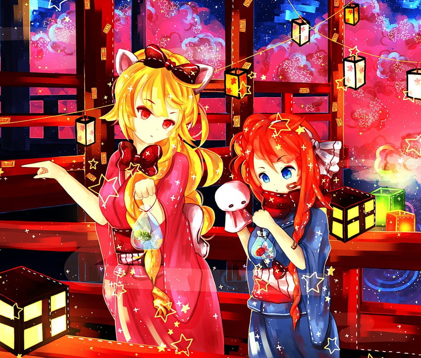 Look At My Pretty Fish!!, colorful, dresses, lamps, fish in bags, pink clouds, stars, long hair, anime, girls HD wallpaper