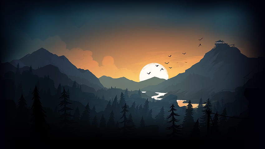 Firewatch ดวงอาทิตย์ ต้นไม้ ภูเขา นก ทะเลสาบ ตอนเย็น ศิลปิน วอลล์เปเปอร์ HD