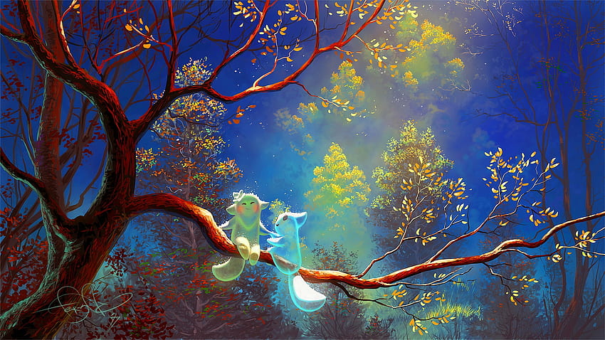 Forest elves, night, magic, cute, dusk, tree, fantasy, elves, enchanted, sky, forest, evening HD wallpaper