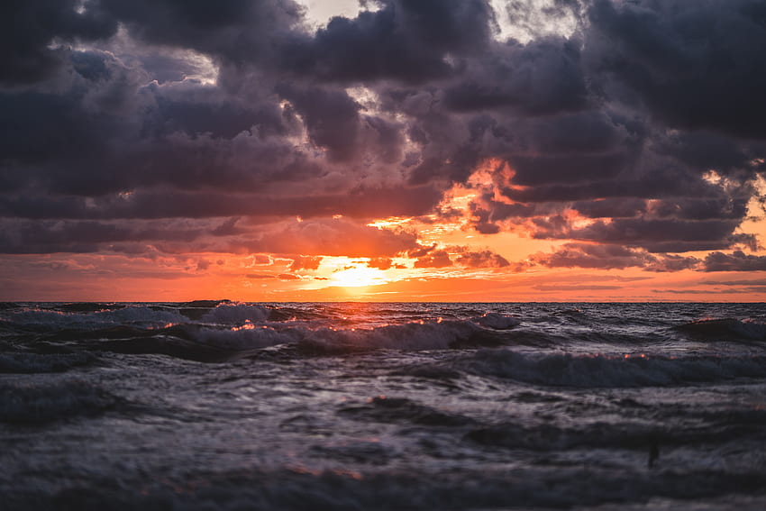 natureza, pôr do sol, mar, nuvens, ondas, horizonte papel de parede HD