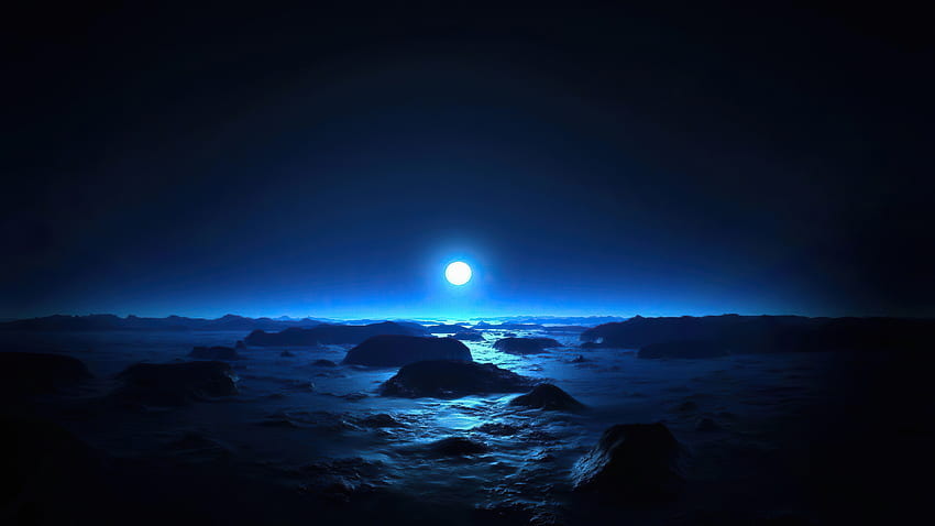 océano, noche oscura, luna, costa fondo de pantalla