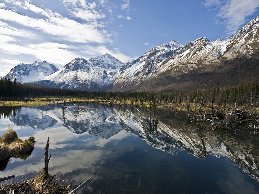 Alaska Rockies, zima, zimno, alaska, góra, jezioro, odbicie, śnieg, chmury, natura, niebo, woda Tapeta HD