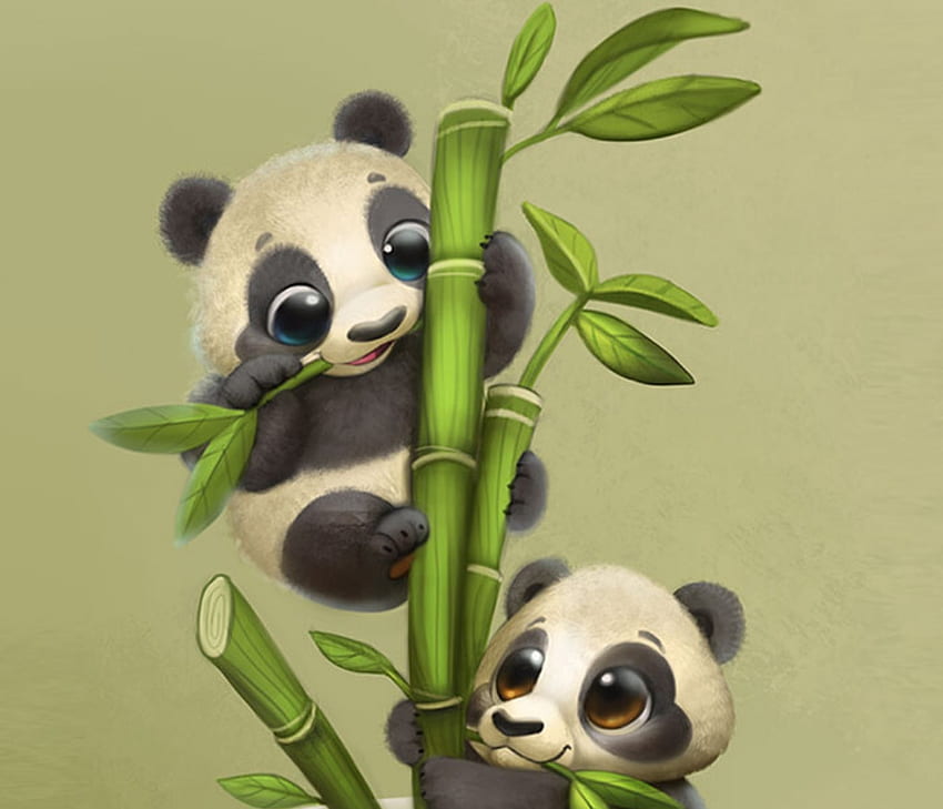 Pandamonium begins, fantasy, bear, green, piper thibodeau, cute, bamboo, funny, panda HD wallpaper