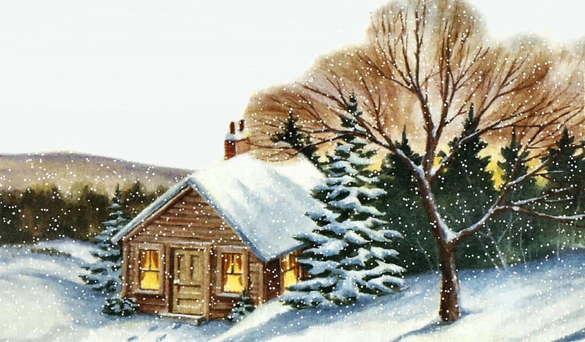 Snow Cottage F1, Winter, Architektur, Kunst, Landschaft, schön, vier Jahreszeiten, Kunstwerk, Landschaft, Breit, Malerei, Schnee, Hütte HD-Hintergrundbild