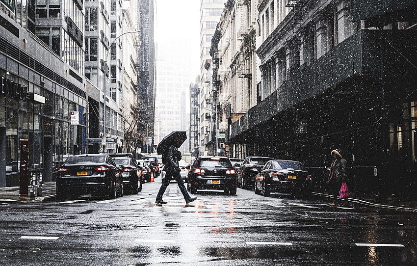City, USA, wet, rain, cars, Manhattan, NYC, street, people, buildings ...