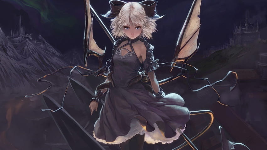 Touhou, wings, girl, dark HD wallpaper