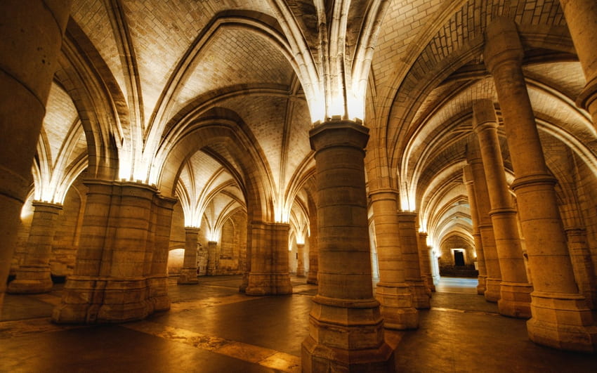 catacombs at a old french prison, arches, catacombs, lights, columns HD wallpaper