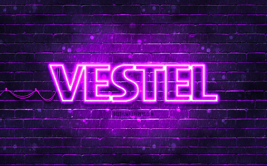 Vestel violet logo, , violeta brickwall, Vestel logo, marcas, Vestel neon logo, Vestel papel de parede HD