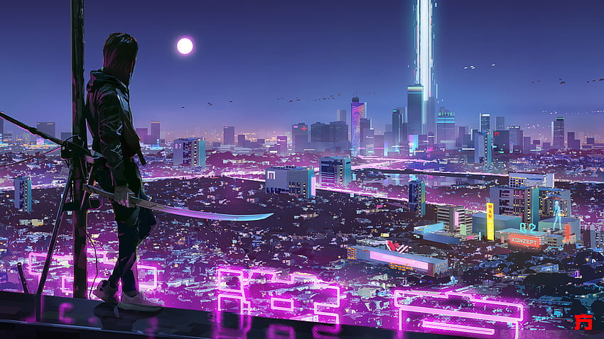Warrior Girl in Cyberpunk City, Künstler, und Hintergrund, Cyberpunk-Stil HD-Hintergrundbild