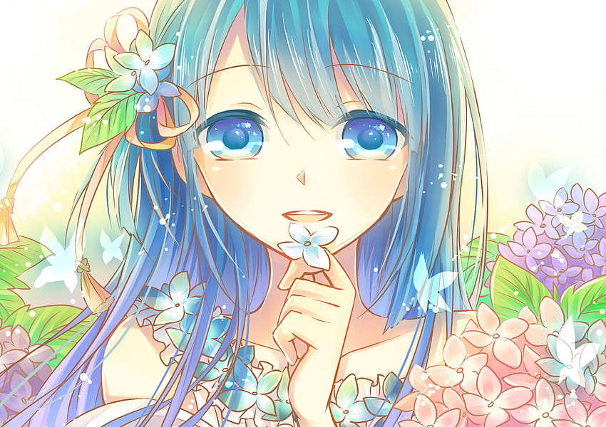Mavi gözler, anime kız ve çiçekler, orijinal HD duvar kağıdı