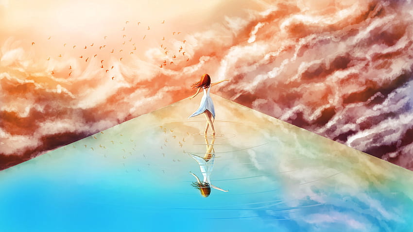 Birds, Sky, Art, Clouds, Girl HD wallpaper