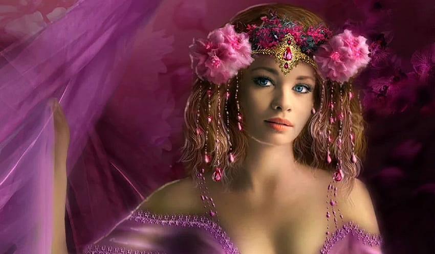 Schönheitsporträt, Kunst, Mädchen, Frau, rosa, digital, hübsch, Fantasie, Porträt, Blumen im Haar HD-Hintergrundbild