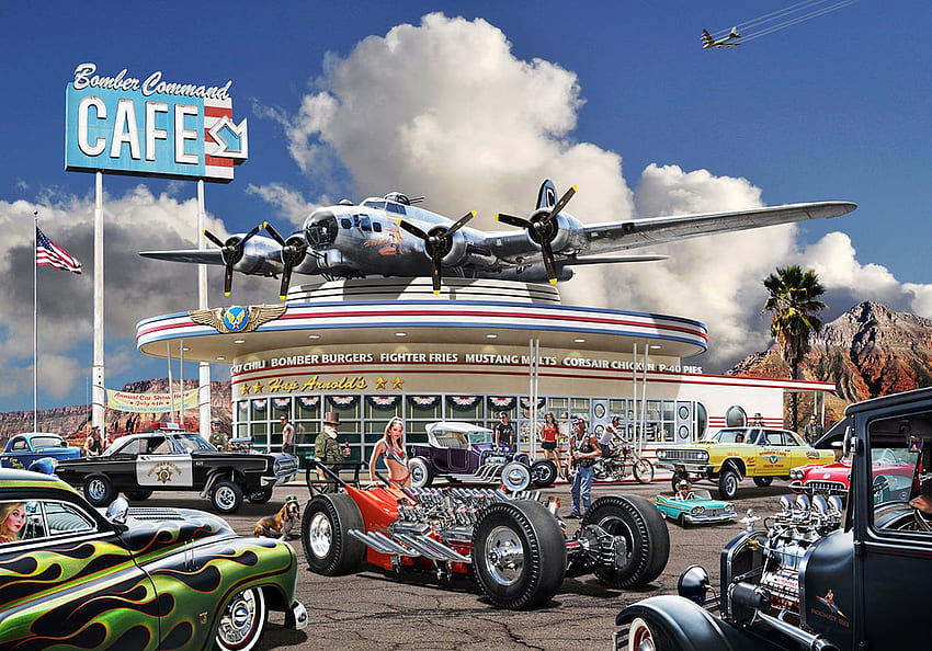 Bomber Command Cafe, autos, restaurante, aviones, montaña, retro, americano, cielo, hot rod, vintage fondo de pantalla