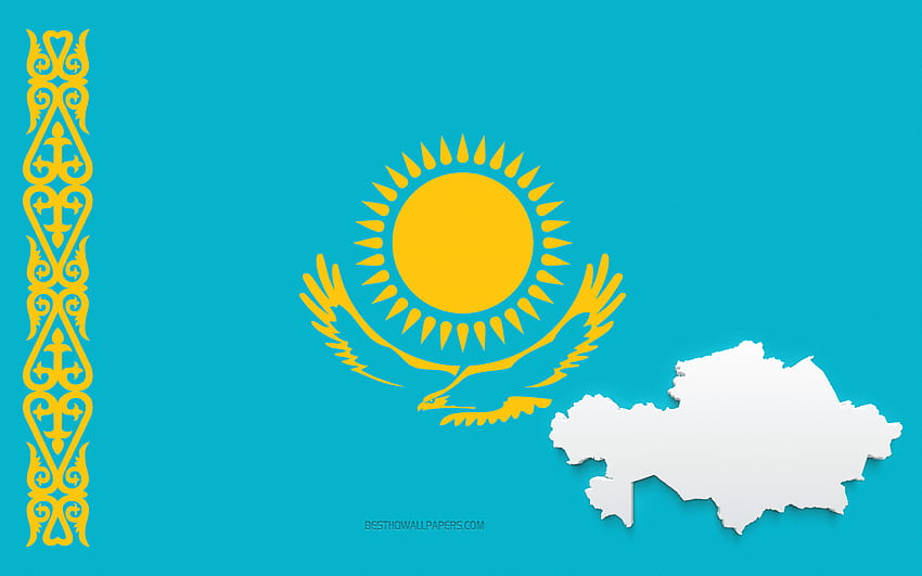 Kazakhstan map silhouette, Flag of Kazakhstan, silhouette on the flag, Kazakhstan, 3d Kazakhstan map silhouette, Kazakhstan flag, Kazakhstan 3d map HD wallpaper