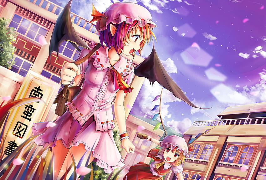 Schools Out!, schools out, school, female, bat wings, wings, smiling, running, afternoon, scarlet, anime, remilia scarlet, building, touhou, clouds, sky, girls, flandre scarlet HD wallpaper