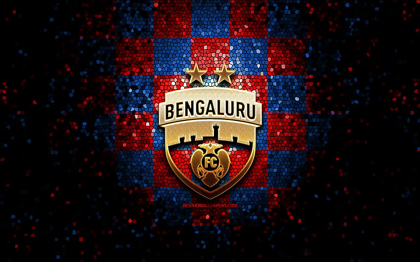 Bengaluru FC, logo gemerlap, ISL, latar belakang kotak-kotak merah biru, sepak bola, klub sepak bola India, logo Bengaluru FC, seni mosaik, sepak bola, FC Bengaluru, India Wallpaper HD