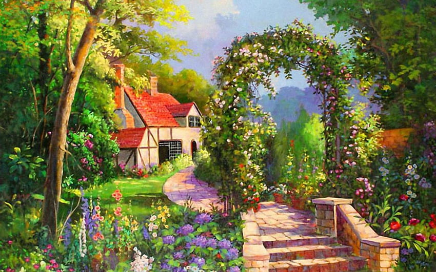 田舎の家、木、階段、植物、家 高画質の壁紙