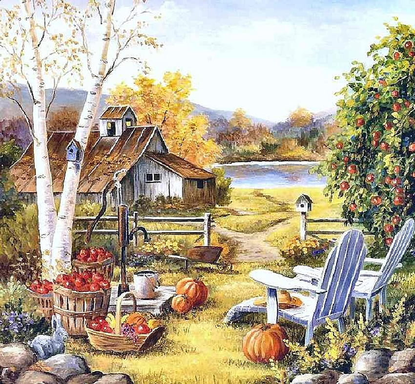 Adegan pertanian * Untuk teman saya Lena (Applebloom), kursi, seni, tong, rumah, pertanian, pohon, lukisan, buah, apel Wallpaper HD