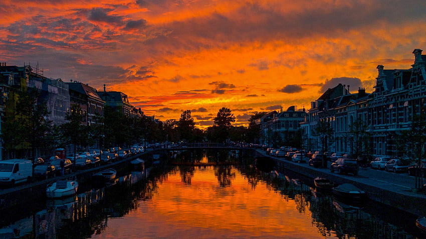 fiume, tramonto, canale, città, Olanda Sfondo HD