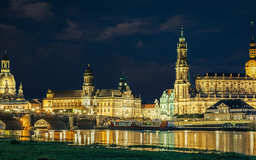 Dresden, Altstadt, malam, matahari terbenam, Sungai Elbe, pemandangan kota Dresden, Saxony, Jerman Wallpaper HD