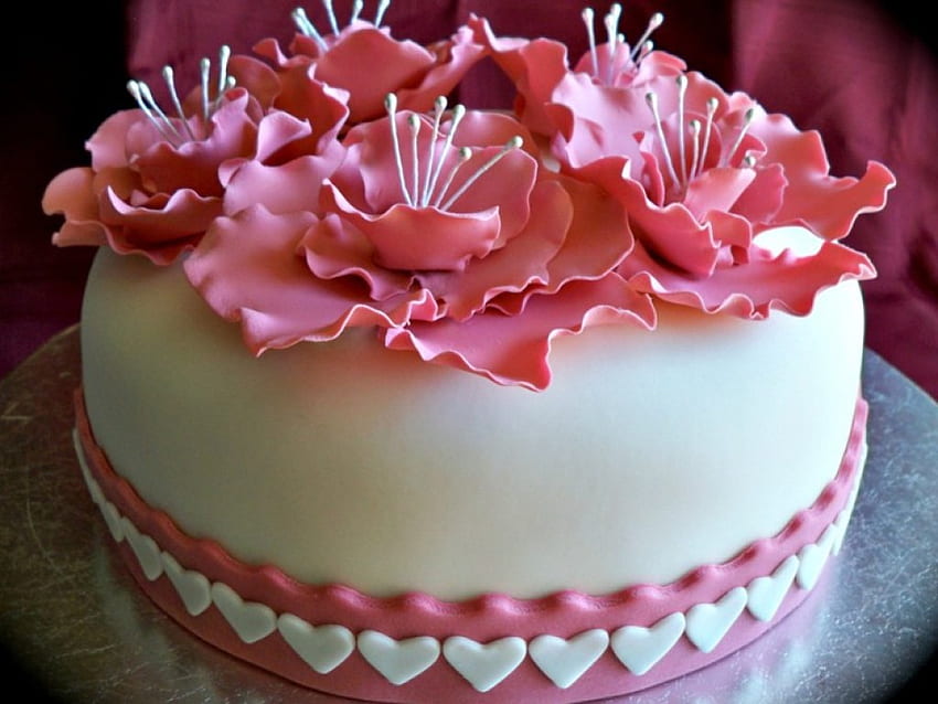 Торта, сладко, розово, бяло, цвете, десерт, храна HD тапет
