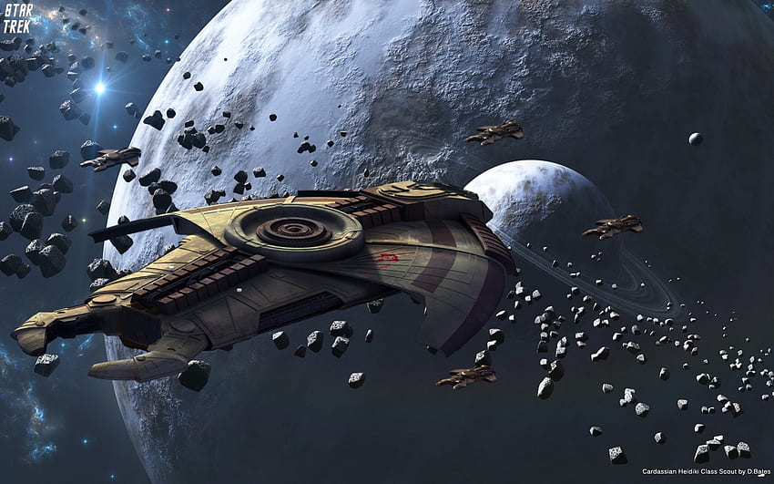 Cardassian Heidiki class statek zwiadowczy, statki kosmiczne, mgławica, planeta, księżyc, asteroidy, słońce Tapeta HD
