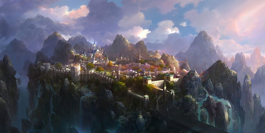 Fantasy cities mountains art ., Mountains and City HD wallpaper