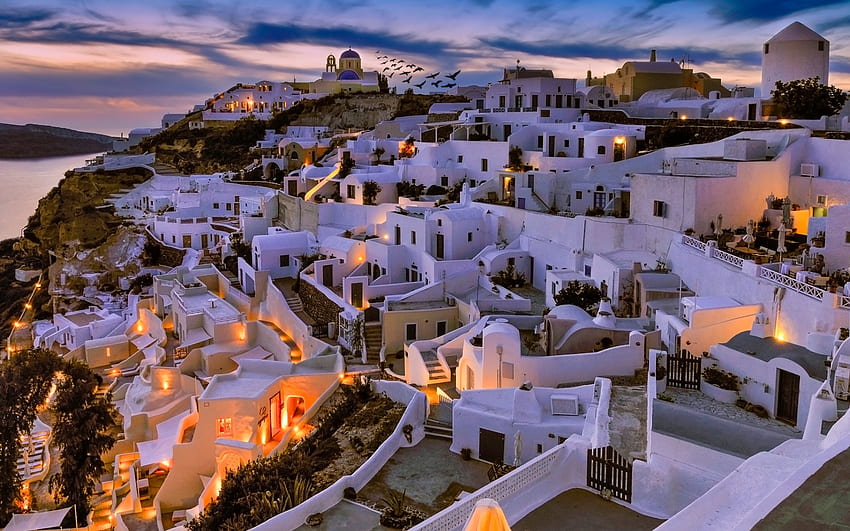 Santorini, Thira, evening, sunset, Aegean, white houses, island, seascape, Greece HD wallpaper