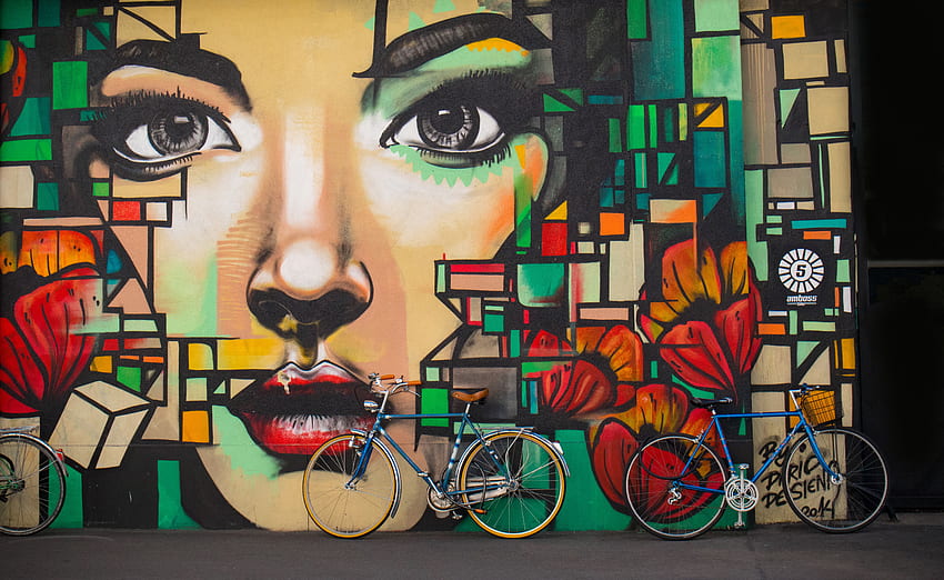 Art, Bicyclettes, Mur, Graffiti, Visage Fond d'écran HD