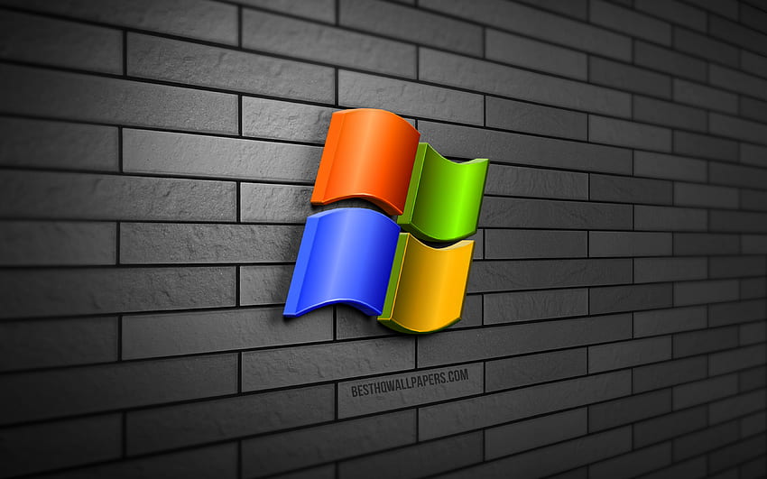 3D лого на Windows, , сива тухлена стена, реклама, марки, лого на Windows, 3D изкуство, Windows, лого на Microsoft Windows HD тапет