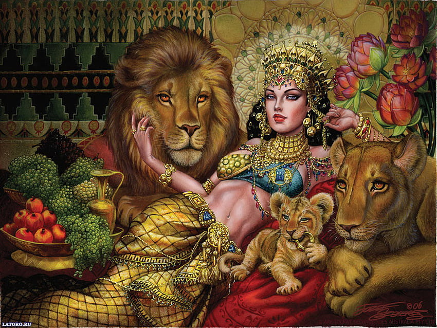 사자 여왕, 황금, 꽃, 과일, 소녀, 사자, 퀸 HD 월페이퍼