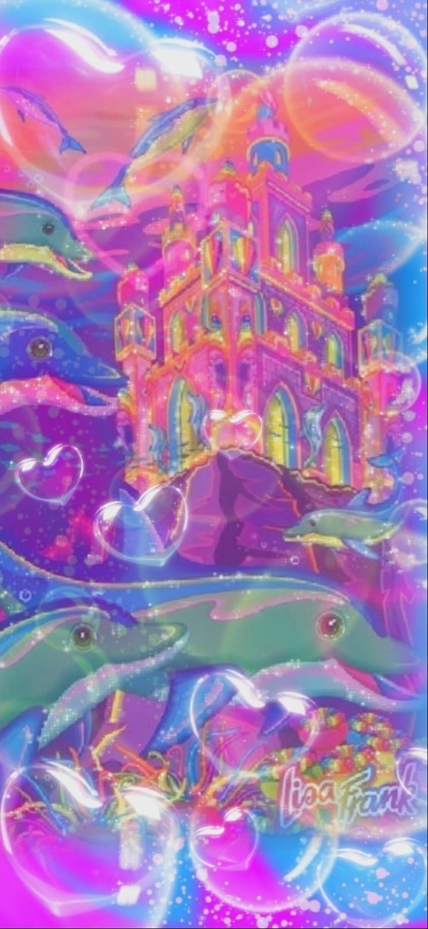 Lisa Frank Dolphins, dolphin, magenta, rainbow, art, Nostalgia, LisaFrank, bubbles HD phone wallpaper